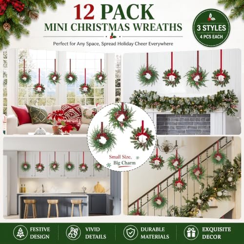Ogrmar 12 Pack Mini Christmas Wreaths Small Holiday Cabinet Wreath Decor - Image 6