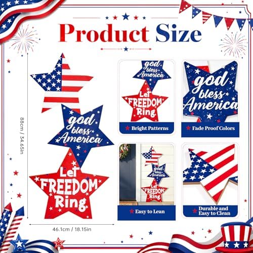 4th of July Large Wooden Star Porch Sign, Independence Day Standing Decoration God Bless America Star Shape Sign for Patriotic 250 Anniversary Red White Blue Outdoor Indoor Yard Front Door - Image 2