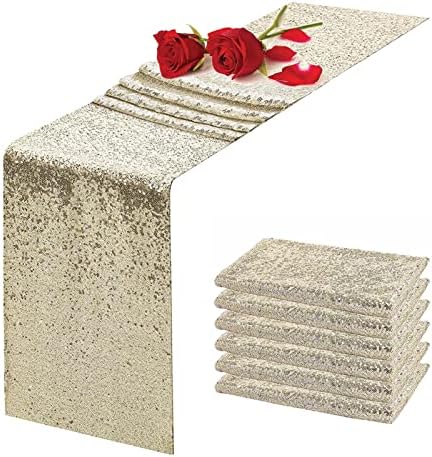 Champagne Sequin Table Runner 12" x 108" Pack of 6 Glitter Table Runner Metallic Sparkle Table Linen Runner for Baby Shower Wedding Birthday Party Event by TCBESTO