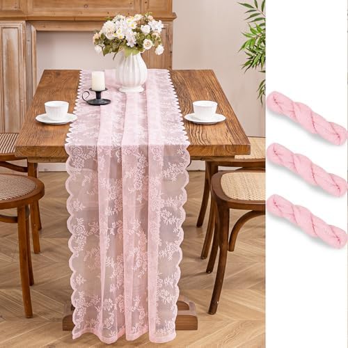 Pink Lace Table Runner with Floral Embroidered (3pcs, 28”x118”) - Image 2
