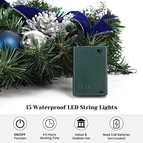 Garvee 18in Christmas Wreaths for Front Door with 15 LED Lights Blue Silver - Image 6