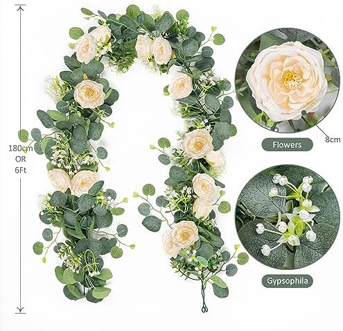 TOCHGREEN 4 Pack Artificial Eucalyptus Flower Garland with Champagne Roses - Image 5