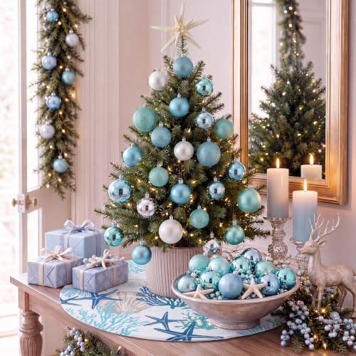 Gejoy 32 Pcs Christmas Tree Decoration Set Include Coastal Christmas Tree Bow Topper Starfish Bow Wreath Xmas Trees Skirt 30 Pcs 3 Sizes Blue and Silver Hanging Xmas Ball Ornaments for Home Decor - Image 4