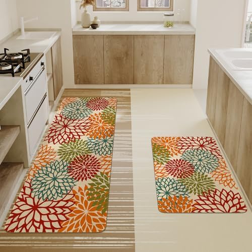 Boho Kitchen Mat Set of 2,Tropics Botanical Floral Kitchen Rugs and Mats Non Skid Washable,Bohemia Farmhouse Runner Rugs with Rubber Backing for Kitchen Decor Accessories (17"x47"+17"x30") - Image 4
