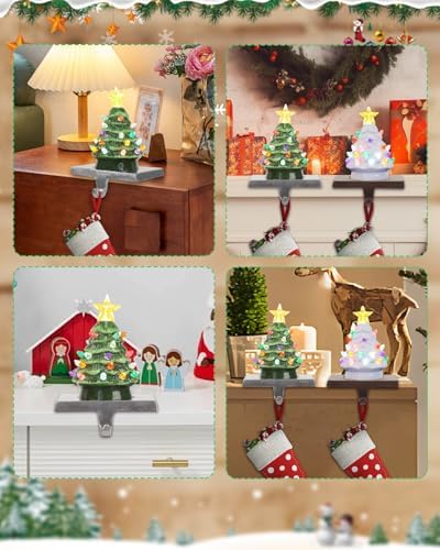 Minetom Ceramic Christmas Stocking Holders with LED - Green and White Set of 2 for Mantle & Window - Image 5