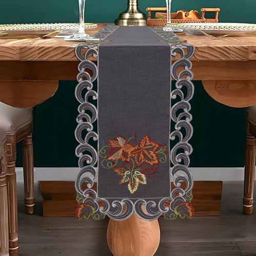 DECOZEN Charcoal Gray Christmas Table Runner – Embroidered Dining & Dresser Decor Scarf for Holiday Tables, Weddings & Parties – 14 x 108 in Elegant European Charcoal Fleur Collection Gift Idea - Image 2