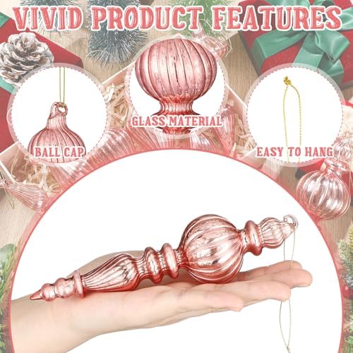Mifoci 8 Pcs 6 Inch Mercury Glass Finial Christmas Ornaments,Pink - Image 4