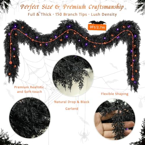 9ft Black Halloween Cedar Garland for Mantle, Soft Touch with Purple Lights - Image 3