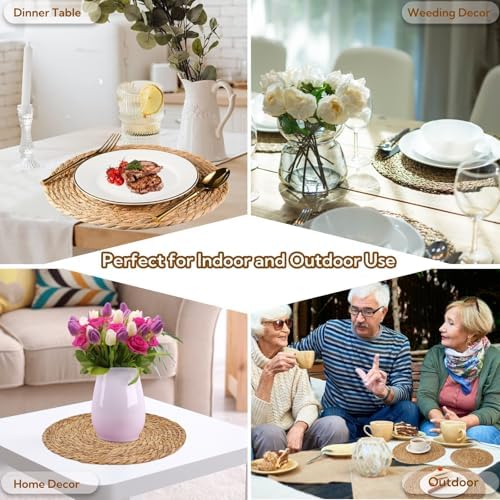 13.5" Woven Placemats Set of 10, Round Rattan Table Mats - Image 6