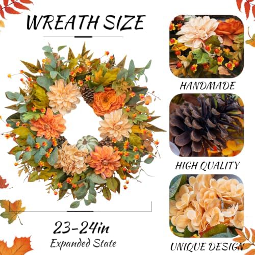 24 Inch Harvest Fall Wreaths for Front Door Outside with Dahlia & Pumpkins - Image 2