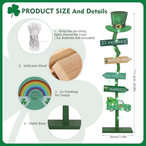 43.8" Lighted Wooden St. Patrick's Day Porch Sign Leprechaun Hat Shamrock Irish Train Standing Signs With Base For Indoor Outdoor Yard Decor - Image 4