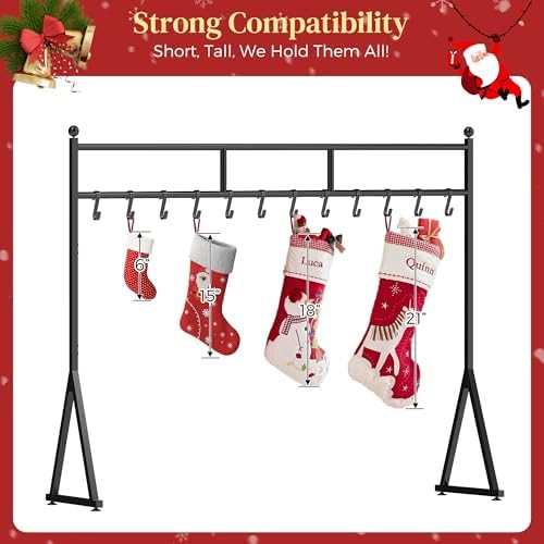 LAND·VOI Christmas Stocking Holder for Floor with 12 Hooks, Free Standing Metal Stocking Hanger, Stable Base & Adjustable Feet, Black - Image 2