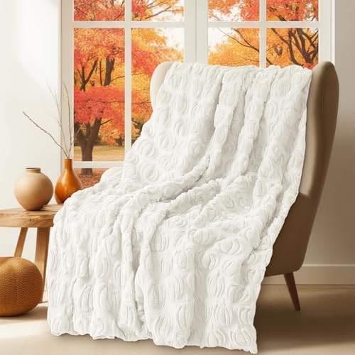 Tegeme Fall Halloween Pumpkin Throw Blanket 50" x 60", 3D Pumpkin Pattern Faux Rabbit Fur Fleece Blanket, Soft Cozy Rust Autumn Throw for Couch Sofa Bed, Thanksgiving Gift for Women Mom(Beige) by Tegeme
