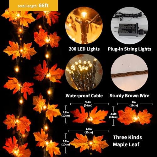 66ft Maple Leaves 200LED String Lights Fall Decor for Home Lighted Fall Garland Decorations Thanksgiving Halloween Decor Full String Lights for Indoor Room Autumn Harvest - Image 2