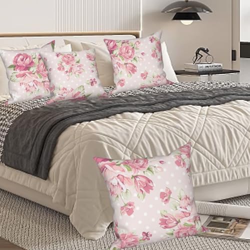 Pink Flower Throw Pillow Covers 24"x24" Set of 4, Romantic Spring Blooming Red Roses Floral Cushion Cases for Couch Chair Sofa Bed Living Room Garden Car Indoor Outdoor Home Decorative - Image 3