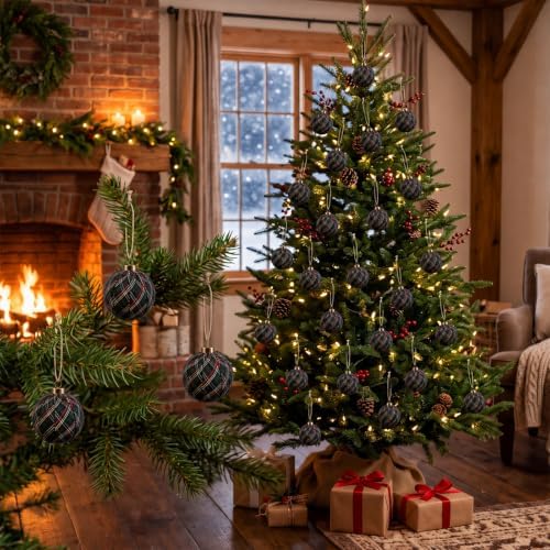 Hollowfly 24 Pcs 2.36 Inch Christmas Tartan Plaid Ball Ornaments Vintage Large Buffalo Plaid Balls Christmas Tree Hanging Ornament Rustic Ball Pendant Hanging Decor for Xmas Tree Party(Green) - Image 5