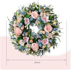 Spring Pink Peony Front Door Wreath 24-inch Flower Blue Wreath Indoor Outdoor Front Door Hallway Window Decoration Wedding Birthday Party Decoration（Pink - Image 2