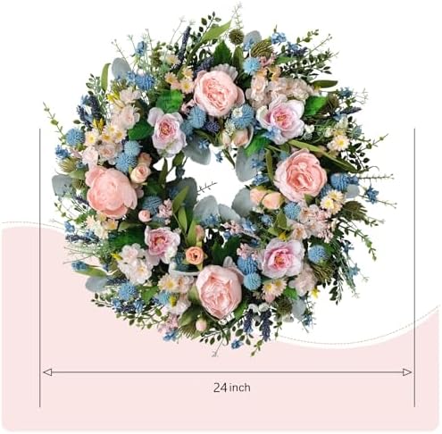Spring Pink Peony Front Door Wreath 24-inch Flower Blue Wreath Indoor Outdoor Front Door Hallway Window Decoration Wedding Birthday Party Decoration（Pink - Image 2