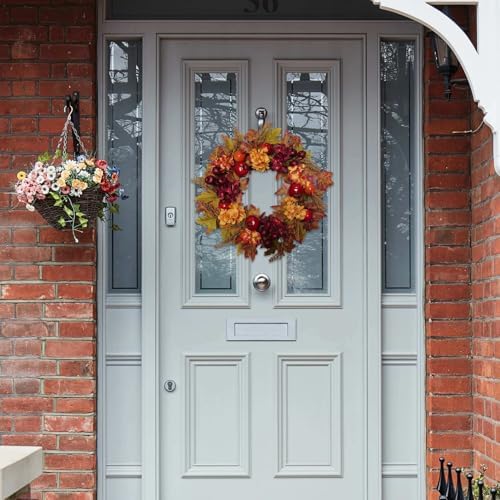 20 Inch Autumn Wreaths for Front Door Fall Wreaths for Thanksgiving & Halloween & Harvest Festival Indoor/Outdoor Fall Decorations with Apples Pomegranates Maple Leaves - Image 4