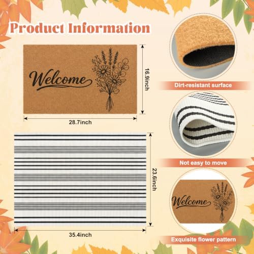 3 Pcs Summer Floral Door Mat and Wreaths for Front Door, 18 Inch Boxwood Wreath with Welcome Sign, Coir Mats Floor Layering Doormats Seasonal for Front Porch Entryway Decor - Image 2