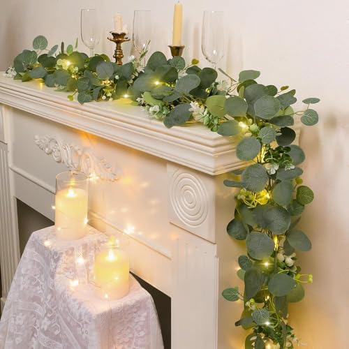 N&T NIETING 6 Pack Artificial Eucalyptus Garland with Lights, 6FT Artificial Greenery Summer Garlands, Battery Operated Twig Vine for Room Stairs Mantle Wedding Holiday Decoration Indoor Outdoor - Image 3