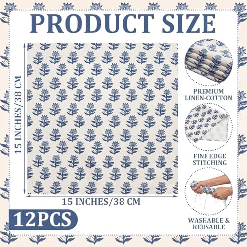 Mindsoft Set of 12 Floral Cloth Napkins Blue Linen Cloth Napkins - Image 2