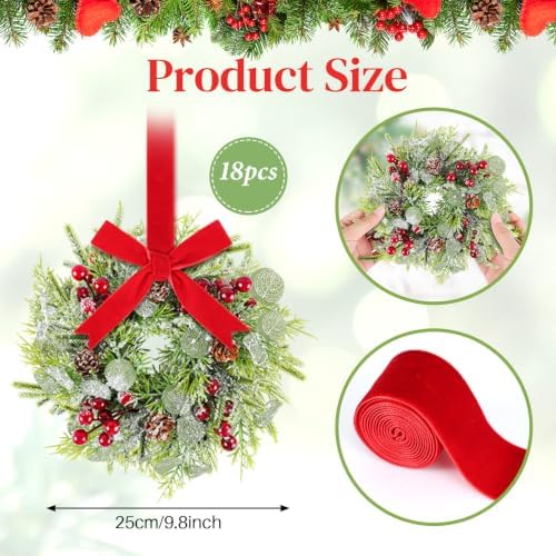18 Pcs 9.2" Mini Christmas Wreaths for Cabinets Small Wreath Kitchen with Ribbon Christmas Decorations Candle Rings Red Berry Pine Cone Wreaths for Windows Farmhouse Xmas Decor Table Centerpiece - Image 3
