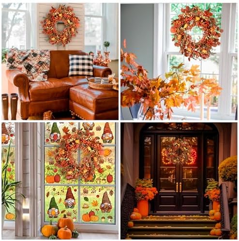 26 Inch Thanksgiving Fall Wreath, Autumn Wreaths for Front Door Fall with Maple Leaves,Oak Leaves,Flowers,and Berries, for Outside Indoor Wall Window Festival Halloween Decor Fall Wreaths - Image 6