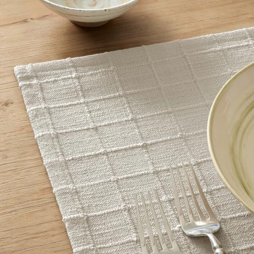 ZeeMart Artisanal Grid Decorative Linen Placemats Set of 6, Ivory - Image 2