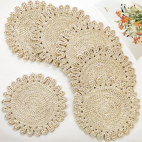 IcosaMro 13.8" Boho Placemats Set of 6 Round Woven Placemats Natural Table Place Mats for Dinning Table Indoor & Outdoor Wicker Wicker Charger Plates for Wedding Christmas Thanksgiving Events - Image 2