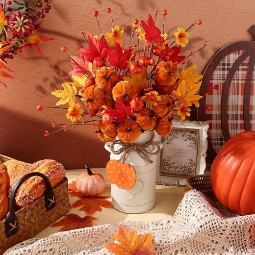 Thanksgiving Centerpieces for Tables Fall Table Decor 5 Pcs Artificial Pumpkins Maple Leaf Stems with Vase, String Lights and Wooden Sign Flowers Arrangements for Autumn Harvest Farmhouse Home Decor - Image 4