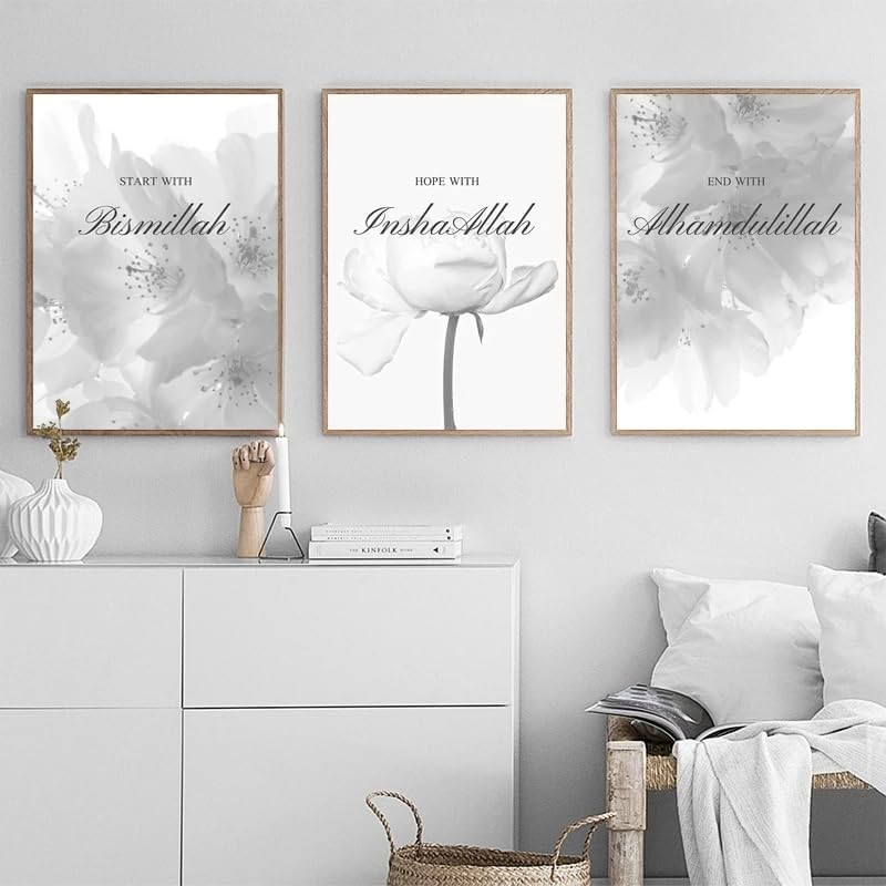 Set of 3 Islamic Floral Calligraphy Black White Canvas Painting Print Flower Wall Art Muslim Poster Decorative Pictures Living Room Decor No frame - Image 2