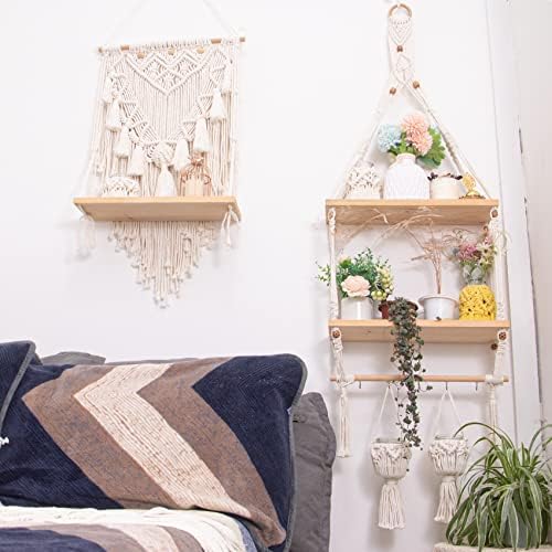 TENEWEE Boho Macrame Hanging Wall Shelf for Plant & Books Display 2-Tier - Image 5