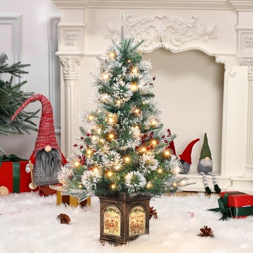 3ft Prelit Snow Flocked Christmas Tree with Light Up Gingerman Box Base - Image 3