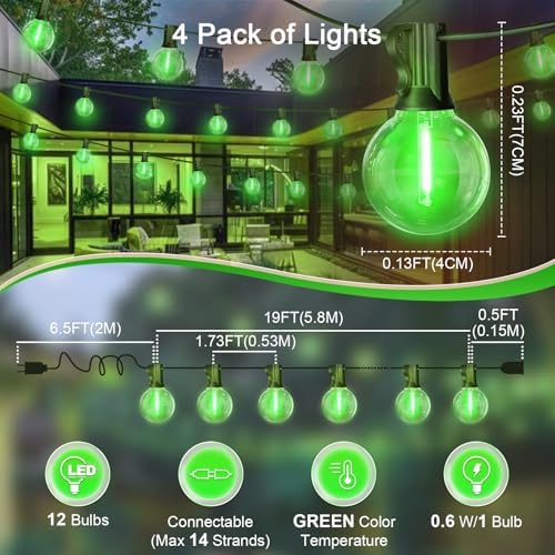 LAMPHOME 4Pack Green St. Patrick's Day LED Outdoor String Lights, 26Ft Patio Lights with 12+1 Edison Shatterproof Bulbs(1 Spare), Irish Theme Connectable Lights for Backyard Porch Party Outside Decor - Image 4