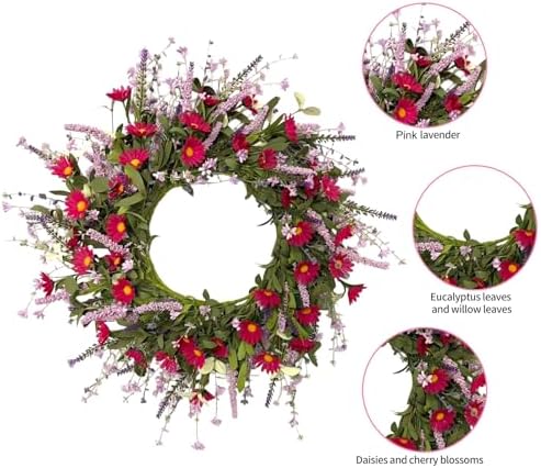24 Inch Artificial Spring Summer Wreath for Front Door, Colorful Floral Wreath with Red Daisies Lavender and Eucalyptus Leaves, Farmhouse Indoor Outdoor Decor - Image 3