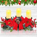 Christmas Centerpiece with 3 Candle Holders 3 LED Candles 1 String Lights Xmas Triple Candelabrum Poinsettia Red Buffalo Plaid Bow Berry Pine Cones with 3 Candle Holders for Tables Home Decorations by meekoo