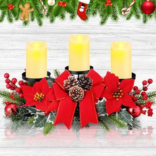 Christmas Centerpiece with 3 Candle Holders 3 LED Candles 1 String Lights Xmas Triple Candelabrum Poinsettia Red Buffalo Plaid Bow Berry Pine Cones with 3 Candle Holders for Tables Home Decorations by meekoo