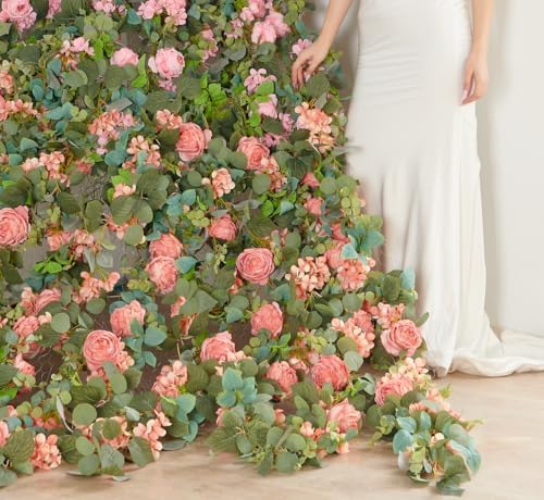 Artificial Flower Garland 2pcs 5.4ft Rose & Hydrangea Vine, Champagne Pink - Image 4