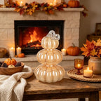 Stacked Glass Pumpkin Decor, Fall Halloween Table Centerpiece, Cream - Image 4