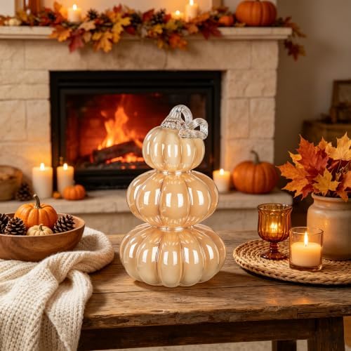 Stacked Glass Pumpkin Decor, Fall Halloween Table Centerpiece, Cream - Image 4
