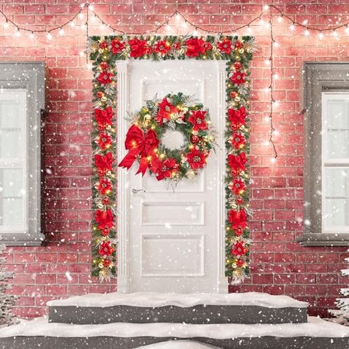 Garvee 6 Feet Christmas Garland with Lights & Red Poinsettias for Mantle - Image 6