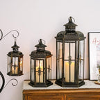 JHY DESIGN Set of 3 Decorative Candle Lanterns 20''&14"&10" H Outdoor Candle Lanterns Vintage Metal Cand leholder for Indoor Outdoor, Events, Parities and Weddings(Black with Gold Brush) - Image 2
