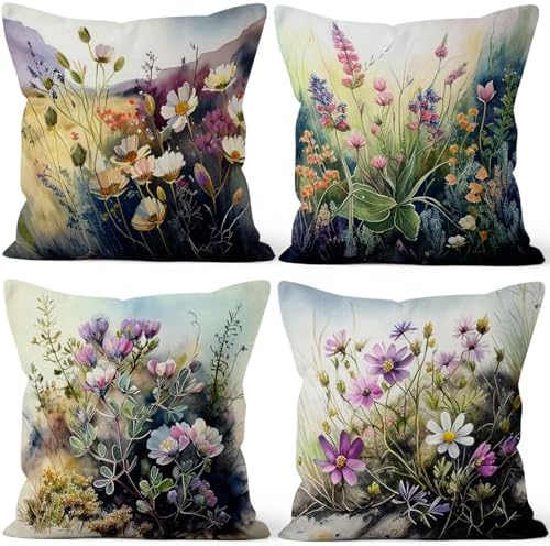 4 Pcs/Set Flowers Pillow Covers Spring Summer Colorful Floral Green Leaves Gradient Color Plants Minimalist Natural Scenery Linen Cushion Case for Couch Sofa Bedroom, 24"x24" by VieSavaran