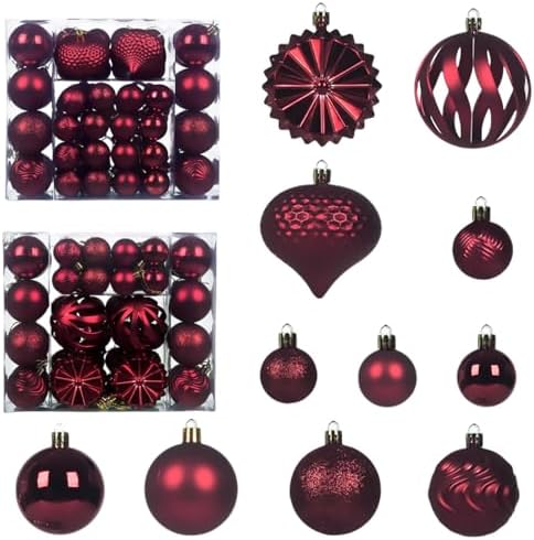 Christmas Tree Balls Ornaments Set, 48 Pcs Shatterproof Plastic Decorative Baubles Shiny Hanging Ball Ornaments for Xmas Tree Holiday Party Wedding Decoration, Wine Red by Unknown