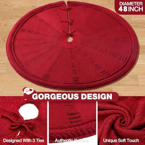 Christmas Tree Skirt 48 Inch Large - Knit Knitted Thick Rustic Tree Skirt Decor for Fall Thanksgiving Day Xmas Holiday Party Winter Farmhouse New Year Decoration Indoor Outdoor(Red) - Image 3
