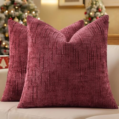 decorUhome Textured Chenille Throw Pillow Covers 26x26 Set of 2 Burgundy by decorUhome
