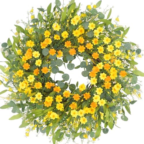 lOKEISNA Summer Wreaths for Front Door, 24" Yellow Daisy Wreaths for Front Door Window Wall Wedding Farmhouse Festival Decor, Handmade Artificial Spring Summer Wreath for Home Decoration by LOKEISNA