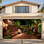 Garden Garage Door Banner 6 x 13 FT, Waterfall Pond Night Garden Garage Door Cover, Scenic Stone Path Landscape Outdoor Garage Door Decorations with Lanterns & Flowers, Nature Backdrop (Courtyard) by KKYEJLQYI