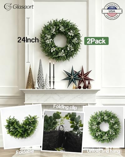 2 Pack 24'' Boxwood Wreaths for Front Door, Artificial Eucalyptus Wreath - Image 2